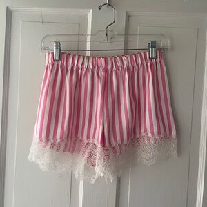 Pink and White Striped Women's Shorts with Lace Trim